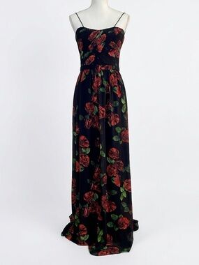 ERIN Erin Fetherston Rose Floral Pleated Sweetheart Maxi Dress Black Red Size 6